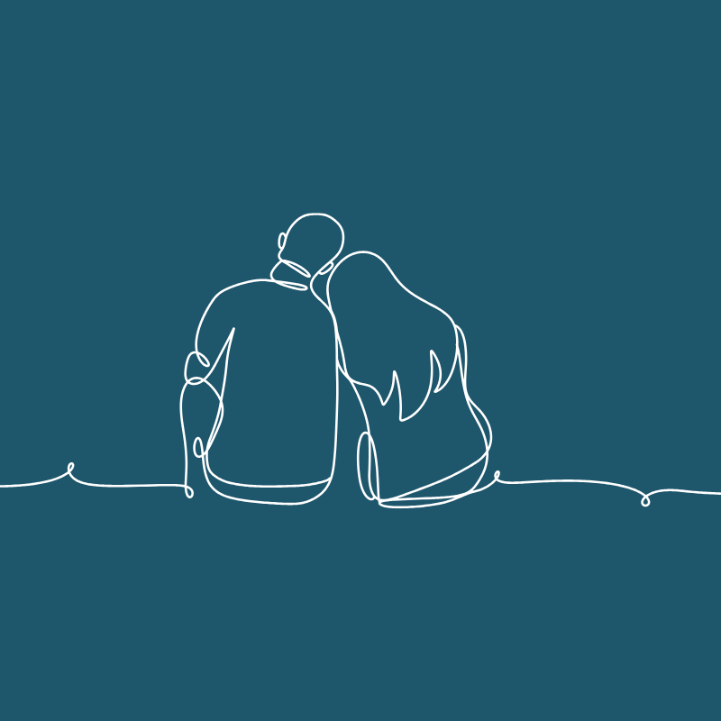 Line drawing of woman resting head on man's shoulder
